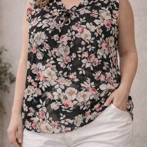 Midnight‎ Sky Womens XL Top Black Floral Sheer Top Tie Front Neck Romantic Boho